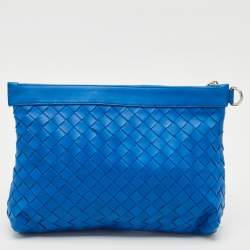 Pre Owned Bottega Veneta Blue Intrecciato Leather Top Zip Pouch