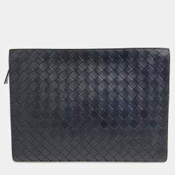 Bottega Veneta Navy Blue Leather Mesh Clutch
