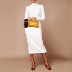 Pre Owned Bottega Veneta Yellow/Dark Brown Intrecciato Zip Pouch Clutch