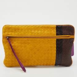 Pre Owned Bottega Veneta Yellow/Dark Brown Intrecciato Zip Pouch Clutch