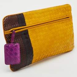 Pre Owned Bottega Veneta Yellow/Dark Brown Intrecciato Zip Pouch Clutch