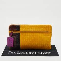 Pre Owned Bottega Veneta Yellow/Dark Brown Intrecciato Zip Pouch Clutch