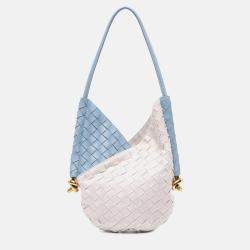 Bottega Veneta Blue/White Small Nappa and Canvas Intrecciato Solstice Shoulder Bag