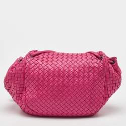 Pre Owned Bottega Veneta Pink Intrecciato Leather Flap Drawstring Crossbody Bag