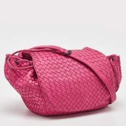 Pre Owned Bottega Veneta Pink Intrecciato Leather Flap Drawstring Crossbody Bag