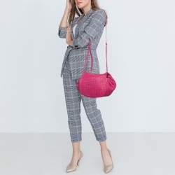Pre Owned Bottega Veneta Pink Intrecciato Leather Flap Drawstring Crossbody Bag