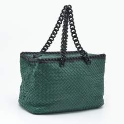 Pre Owned Bottega Veneta Green/Black Intrecciato Leather and  Karung Chain Tote