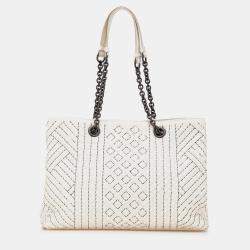 Bottega Veneta Double Chain Tote Medium White Intrecciato Stitched Leather Bag