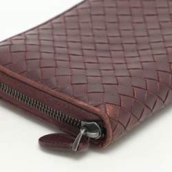 Pre Owned Bottega Veneta Burgundy Intrecciato Leather Zip Around Continental Wallet