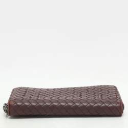 Pre Owned Bottega Veneta Burgundy Intrecciato Leather Zip Around Continental Wallet