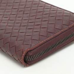 Pre Owned Bottega Veneta Burgundy Intrecciato Leather Zip Around Continental Wallet