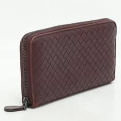 Pre Owned Bottega Veneta Burgundy Intrecciato Leather Zip Around Continental Wallet