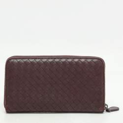 Pre Owned Bottega Veneta Burgundy Intrecciato Leather Zip Around Continental Wallet