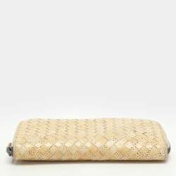 Pre Owned Bottega Veneta Lemon Washed Intrecciato Karung Leather Zip Around Wallet