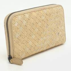 Pre Owned Bottega Veneta Lemon Washed Intrecciato Karung Leather Zip Around Wallet