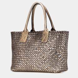 Pre Owned Bottega Veneta Gold Medium Lambskin Intreccio Cabat Tote