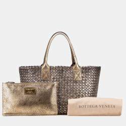 Pre Owned Bottega Veneta Gold Medium Lambskin Intreccio Cabat Tote