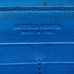Pre Owned Bottega Veneta Blue Intrecciato Leather Zip Around Wallet