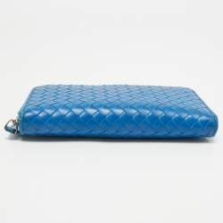 Pre Owned Bottega Veneta Blue Intrecciato Leather Zip Around Wallet