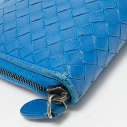 Pre Owned Bottega Veneta Blue Intrecciato Leather Zip Around Wallet