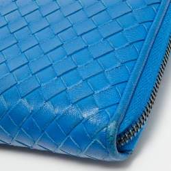 Pre Owned Bottega Veneta Blue Intrecciato Leather Zip Around Wallet