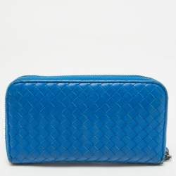 Pre Owned Bottega Veneta Blue Intrecciato Leather Zip Around Wallet