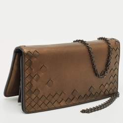 Pre Owned Bottega Veneta Bronze Intrecciato Leather Chain Clutch