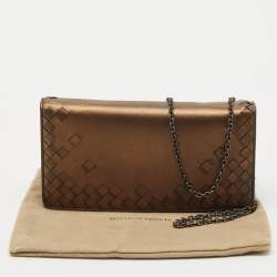 Pre Owned Bottega Veneta Bronze Intrecciato Leather Chain Clutch