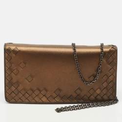 Pre Owned Bottega Veneta Bronze Intrecciato Leather Chain Clutch