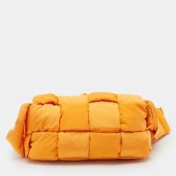 Pre Owned Bottega Veneta Orange Intreccio Nylon Medium Padded Tech Cassette Bag
