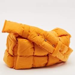 Pre Owned Bottega Veneta Orange Intreccio Nylon Medium Padded Tech Cassette Bag