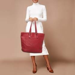 Pre Owned Bottega Veneta Red Intrecciato Leather Tote