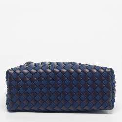 Pre Owned Bottega Veneta Two Tone Blue Intrecciato Leather and Denim Medium Andiamo Bag