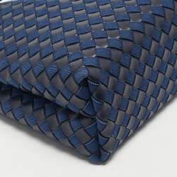 Pre Owned Bottega Veneta Two Tone Blue Intrecciato Leather and Denim Medium Andiamo Bag