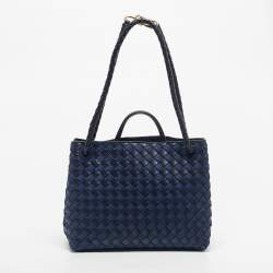 Pre Owned Bottega Veneta Two Tone Blue Intrecciato Leather and Denim Medium Andiamo Bag