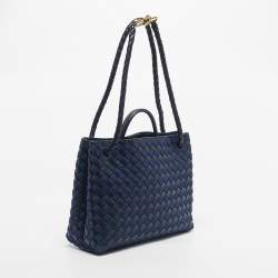 Pre Owned Bottega Veneta Two Tone Blue Intrecciato Leather and Denim Medium Andiamo Bag