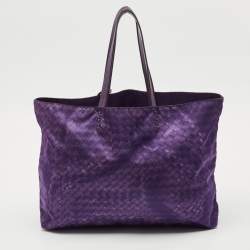 Pre Owned Bottega Veneta Purple Intrecciato Printed Nylon and Leather Tote
