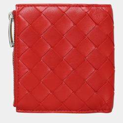 Pre Owned Bottega Veneta Red Mini Intrecciato Bi-Fold Wallet
