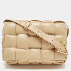 Pre Owned Bottega Veneta Beige Intreccio Leather Padded Cassette Shoulder Bag