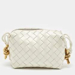 Pre Owned Bottega Veneta White Shiny Intrecciato Leather Mini Loop Crossbody Bag