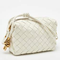 Pre Owned Bottega Veneta White Shiny Intrecciato Leather Mini Loop Crossbody Bag