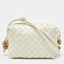 Pre Owned Bottega Veneta White Shiny Intrecciato Leather Mini Loop Crossbody Bag