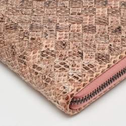 Pre Owned Bottega Veneta Peach/Brown Intrecciato Karung Leather Zip Continental Wallet