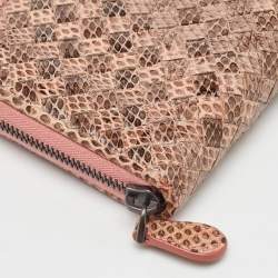 Pre Owned Bottega Veneta Peach/Brown Intrecciato Karung Leather Zip Continental Wallet