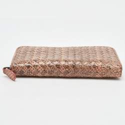 Pre Owned Bottega Veneta Peach/Brown Intrecciato Karung Leather Zip Continental Wallet