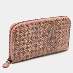 Pre Owned Bottega Veneta Peach/Brown Intrecciato Karung Leather Zip Continental Wallet