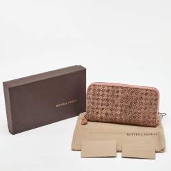 Pre Owned Bottega Veneta Peach/Brown Intrecciato Karung Leather Zip Continental Wallet