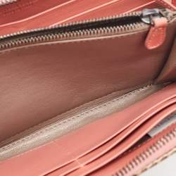 Pre Owned Bottega Veneta Peach/Brown Intrecciato Karung Leather Zip Continental Wallet