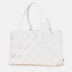 Pre Owned Bottega Veneta White Small Lambskin Intrecciato Cabat Tote