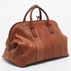 Pre Owned Bottega Veneta Brown Intrecciato Leather Frame Boston Bag